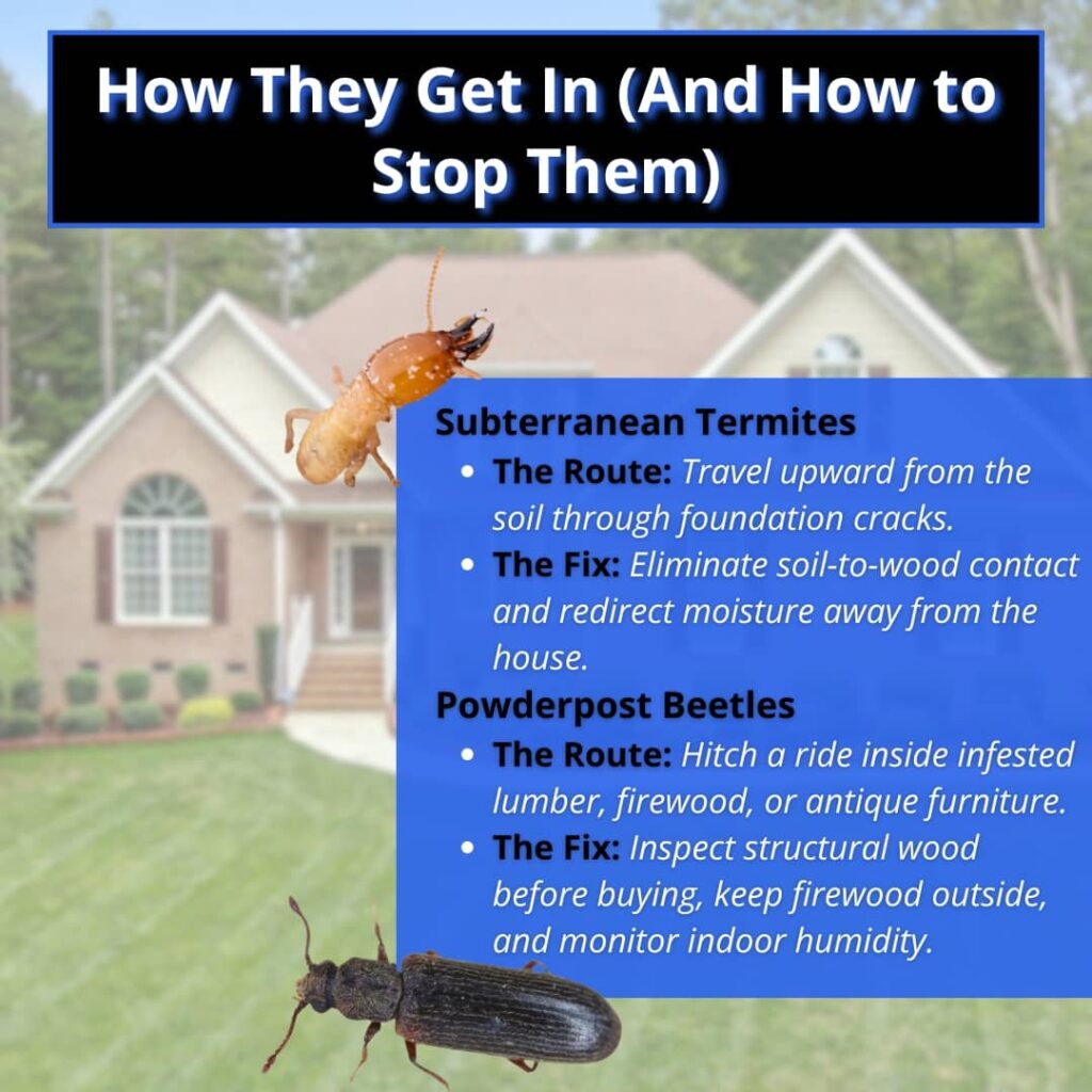 An informational infographic outlining the entry routes and prevention strategies for subterranean termites and powderpost beetles, featuring images of both pests against a suburban home background.