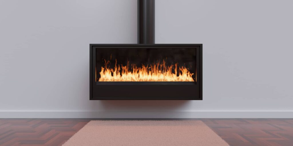 A wall mounted gas fueled fireplace with ceiling vent pipe. 