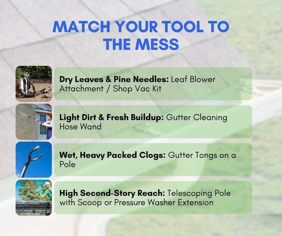 An infographic titled "Match Your Tool to the Mess" outlining recommended ground-level gutter cleaning tools based on specific debris types and roof heights.