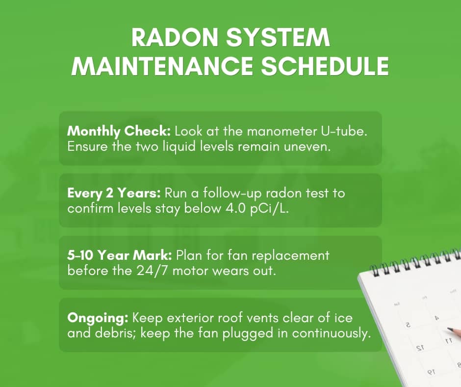 An infographic outlining a radon system maintenance schedule, including monthly manometer checks, testing every two years, fan replacement after 5 to 10 years, and ongoing vent care.