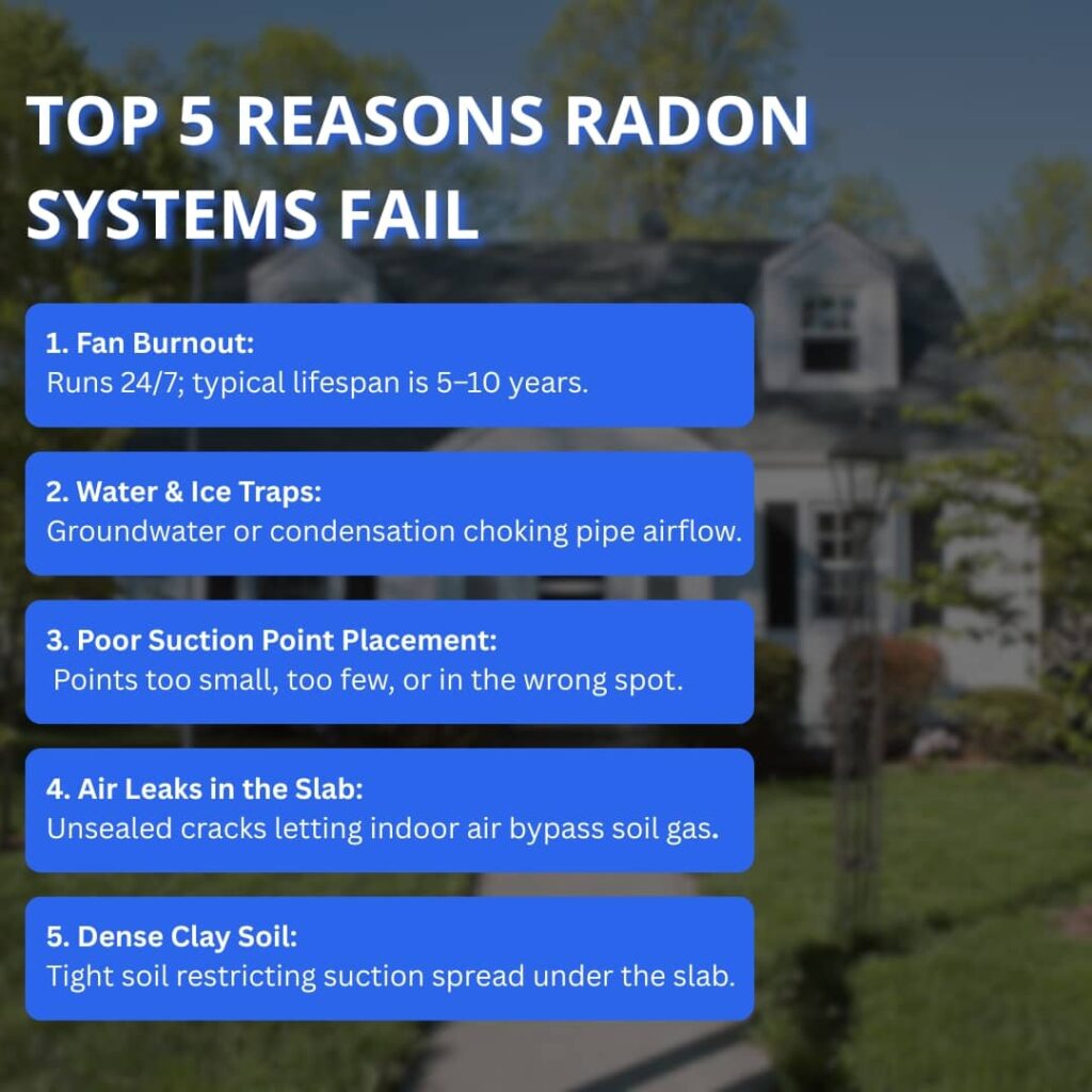 An infographic detailing the top five reasons radon mitigation systems fail, including fan burnout, water and ice traps, poor suction point placement, air leaks in the slab, and dense clay soil.
