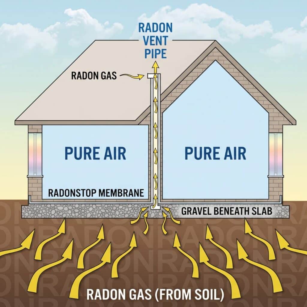 A cutaway diagram of a house showing a radon mitigation system. It demonstrates how colorless, odorless radon gas (answering "does radon smell" with a no) is handled before reaching living spaces.