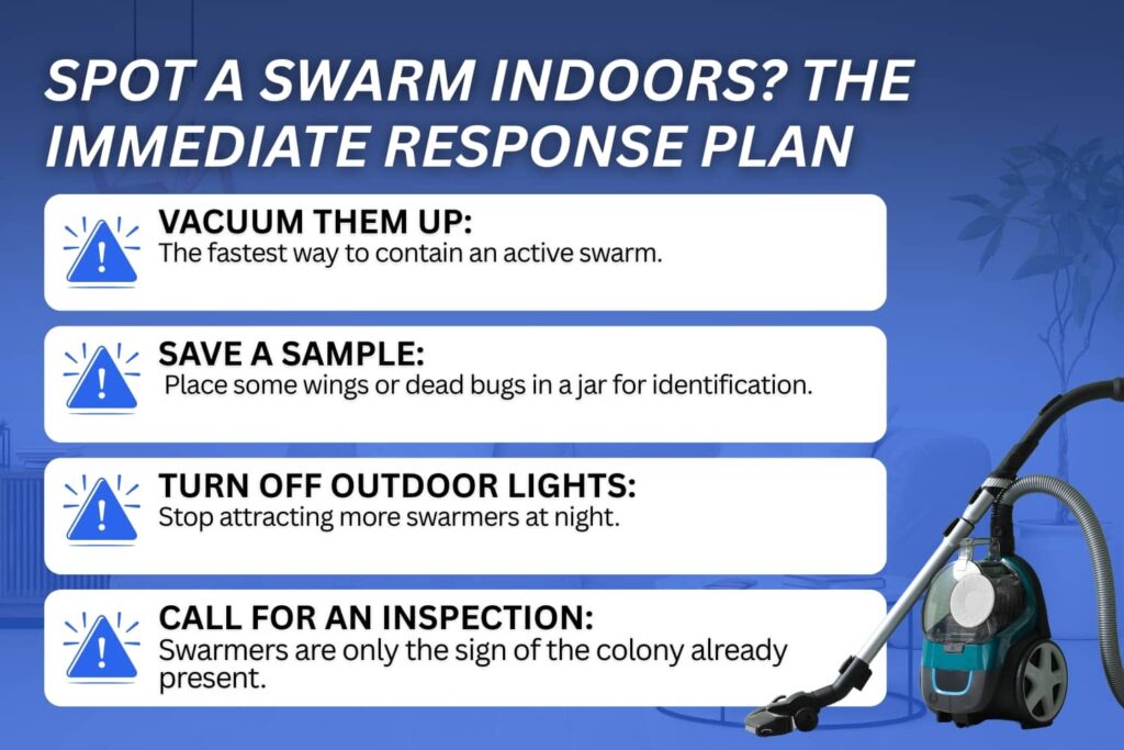 An infographic titled "Spot a Swarm Indoors? The Immediate Response Plan" outlining four steps: vacuuming swarmers, saving a sample for identification, turning off outdoor lights, and calling for a professional inspection.