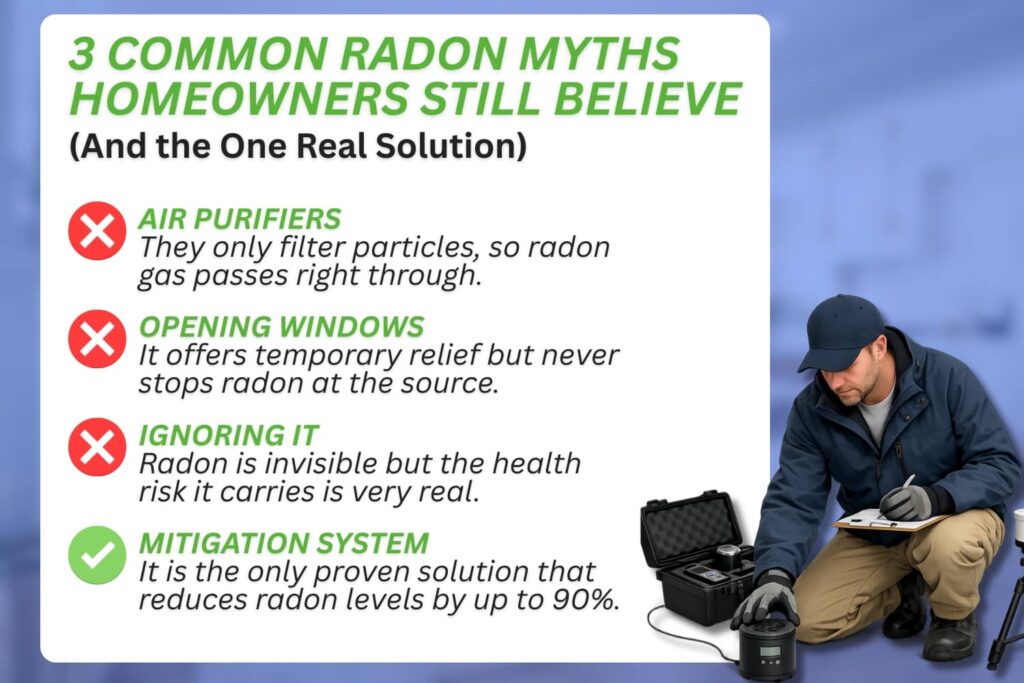 A tip graphic showing three common radon fixes that don't work and the one solution that does.