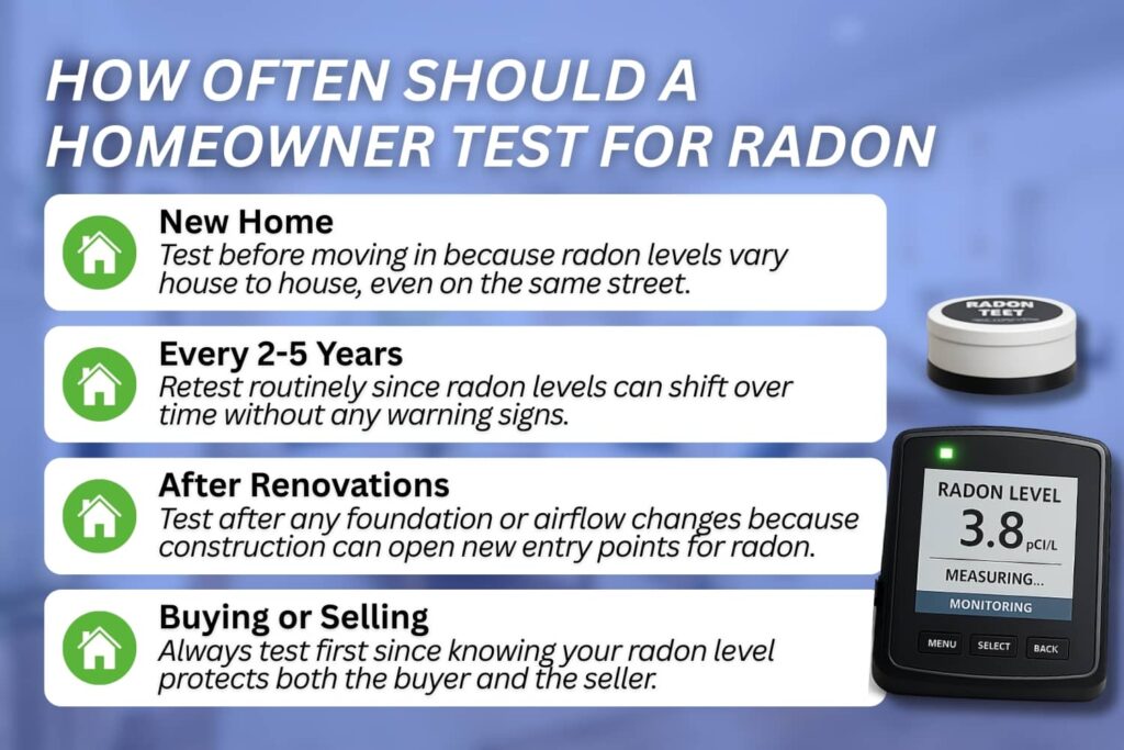 A homeowner tip graphic showing four situations when radon testing is recommended.