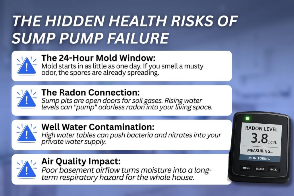 An infographic titled "The Hidden Health Risks of Sump Pump Failure" detailing the dangers of mold growth, radon entry, well water contamination, and poor air quality, accompanied by warning icons and a digital radon monitor.