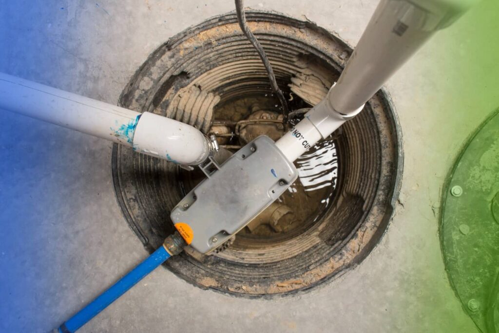 A top-down view of a sump pump installation within a basin in a concrete floor, featuring PVC piping and a grey control unit.