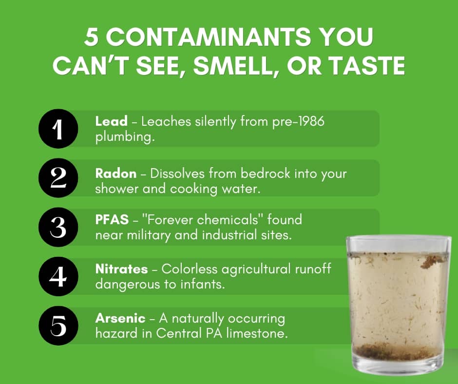 An infographic titled "5 Contaminants You Can't See, Smell, or Taste" lists lead, radon, PFAS, nitrates, and arsenic with brief descriptions on a green background next to a glass of murky, dirty water.