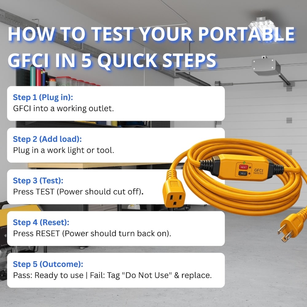 Infographic outlining five steps to test a portable GFCI device, pictured alongside a coiled yellow inline GFCI extension cord.